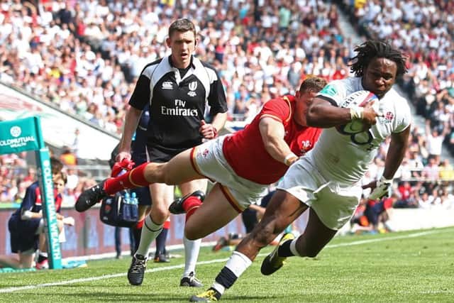 Winger Marland Yarde crosses the line to score Englands final try against Wales. Picture: AFP/Getty Images