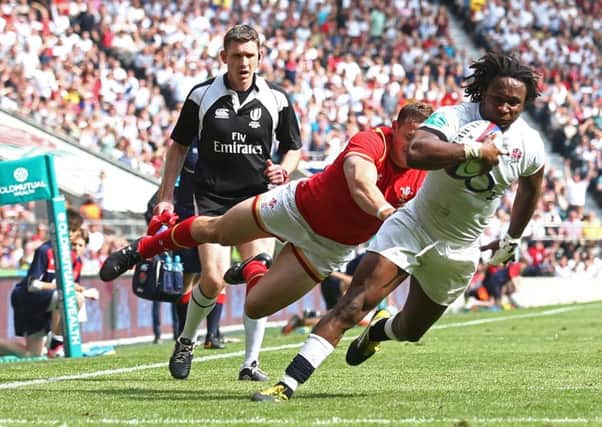 Winger Marland Yarde crosses the line to score Englands final try against Wales. Picture: AFP/Getty Images
