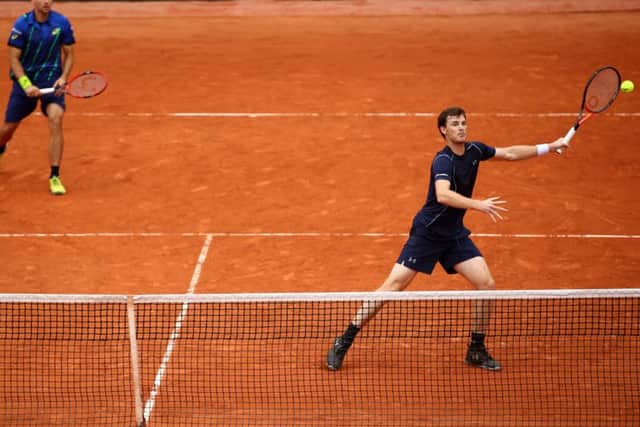 Jamie Murray and Bruno Soares in action against Marcin Matkowski and Leander Paes at Roland Garos. Picture: Getty Images
