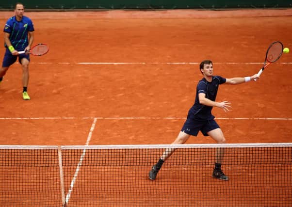 Jamie Murray and Bruno Soares in action against Marcin Matkowski and Leander Paes at Roland Garos. Picture: Getty Images