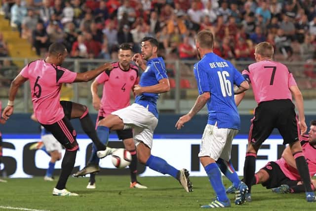 Italy's Graziano Pellè (centre) vies for the ball with Scotland's Matt Phillips (left). Picture: AP