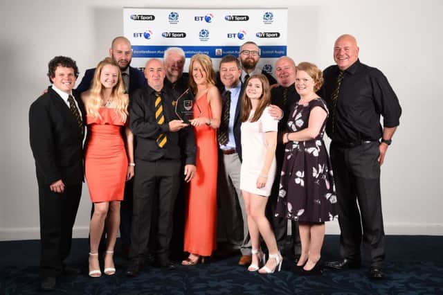 The Annan RFC contingent celebrate with their BT Club of the Season award at Friday nights awards dinner at BT Murrayfield. Picture: Rob Casey/SNS/SRU