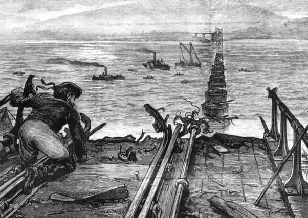 A drawing depicts a man balancing on the edge of the Tay Bridge to view the disaster scene in Dundee in 1879. Picture: Getty Images
