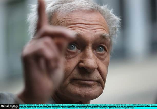 Paddy Hill, one of the Birmingham Six who was wrongly convicted of the Birmingham pub bombings, speaks to the media outside Solihull Civic Suite. Picture: PA