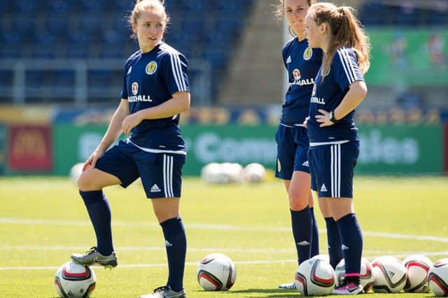 Scotlands Kim Little, left, trains ahead of tonights Euro 2017 qualifier against Iceland in Falkirk. Picture: SNS.