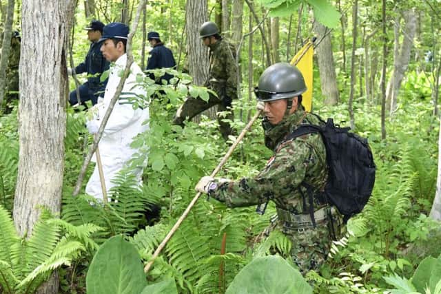 Soldiers search for the boy who disappeared after his parents left him behind in the Japanese forest as punishment Picture: Daisuke Suzuki/Kyodo News via AP