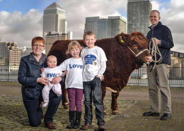 The McNee family, from  Woodend Farm, near Armadale, West Lothian, display their bull, Benhar  Piper, in London as part of a drive to promote Scotch Beef and raise awareness of its quality and traceability. Picture: contributed