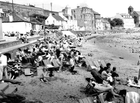 Holidaymakers on the beach at Kinghorn in Fife in July 1966. Picture: TSPL