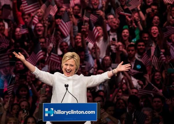 Democratic presidential candidate Hillary Clinton arrives onstage during a primary night rally at the Duggal Greenhouse in the Brooklyn Navy Yard, June 7, 2016. Picture: Getty Images