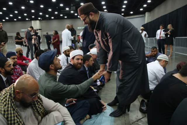 Muslims arrive for the beginning of an Islamic prayer service for Muhammad Ali at the Kentucky Exposition Center on June 9, 2016 in Louisville, Kentucky. Picture: Getty Images