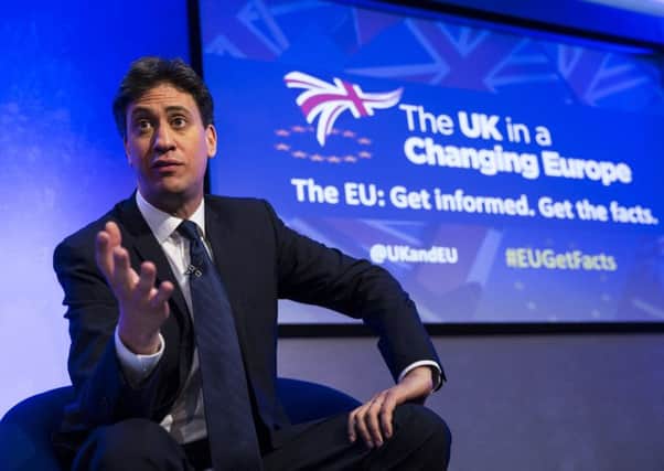 Ed Miliband speaks at The UK in a Changing Europe conference in London yesterday. He said leaving the EU would set back social justice for decades to come . Picture: Getty