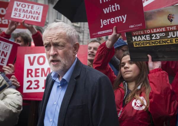 Jeremy Corbyn and supporters during his pro-Remain visit to Aberdeen. Photograph: John Linton/PA Wire