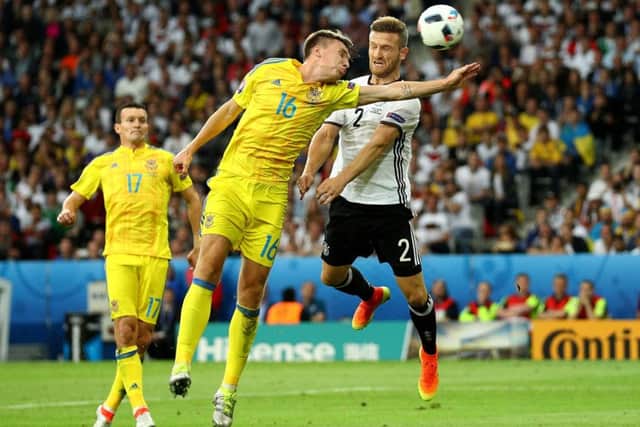 Shkodran Mustafi heads home the opening goal for Germany. Picture: Getty Images