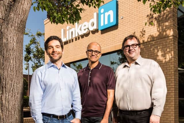 From left, LinkedIn chief executive Jeff Weiner, Microsoft boss Satya Nadella and LinkedIn co-founder Reid Hoffman. Picture: Contributed