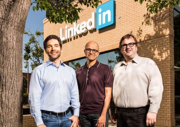 From left, LinkedIn chief executive Jeff Weiner, Microsoft boss Satya Nadella and LinkedIn co-founder Reid Hoffman. Picture: Contributed