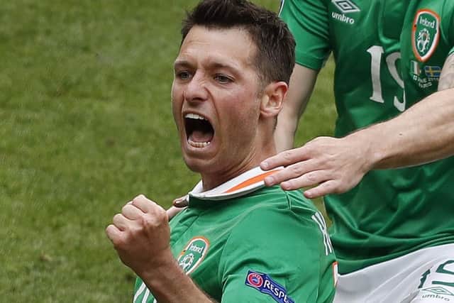 Wes Hoolahan celebrates after putting the Republic ahead after 48 minutes. Picture: Francois Mori/AP