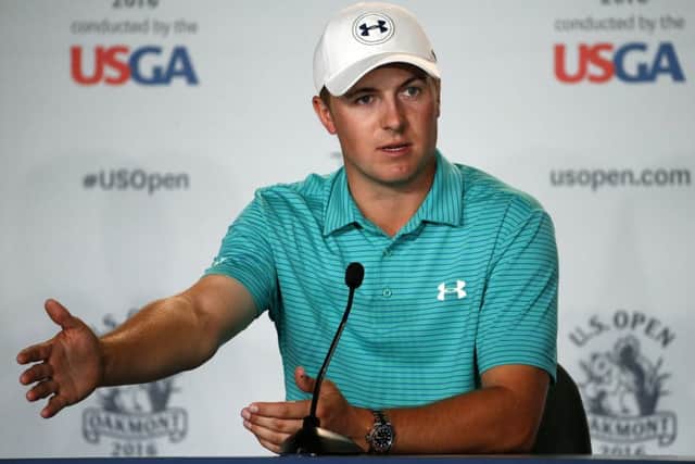 Defending US Open champion Jordan Spieth talks to the media at Oakmont. Picture: AP