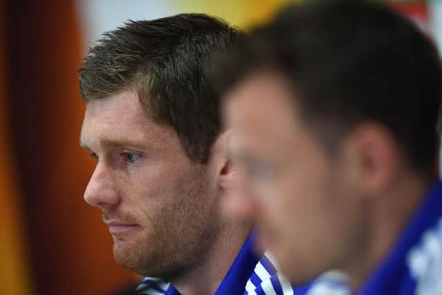 Goalkeeper Michael McGovern, left, and Jonny Evans speak at Northern Irelands press conference at their training camp. Picture: Getty