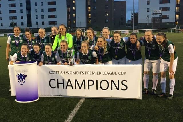 The Hibs Ladies team celebrate their dramatic victory over Glasgow City at Ainslie Park