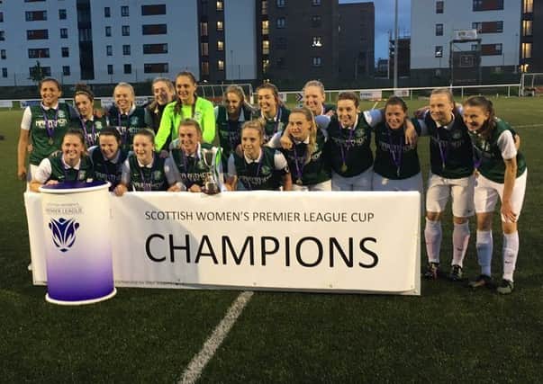 The Hibs Ladies team celebrate their dramatic victory over Glasgow City at Ainslie Park
