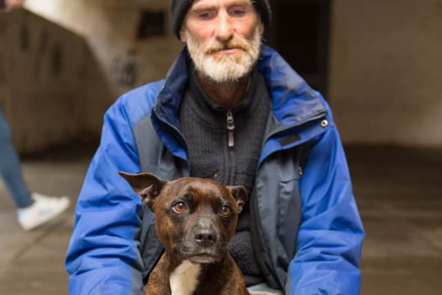 Homeless Kirkcaldy man Paul Flockhart (46) with his companion Roxy.  Picture: HE Media