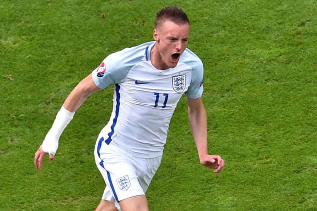 England's substitute Jamie Vardy celebrates after scoring the equaliser. Picture: AFP