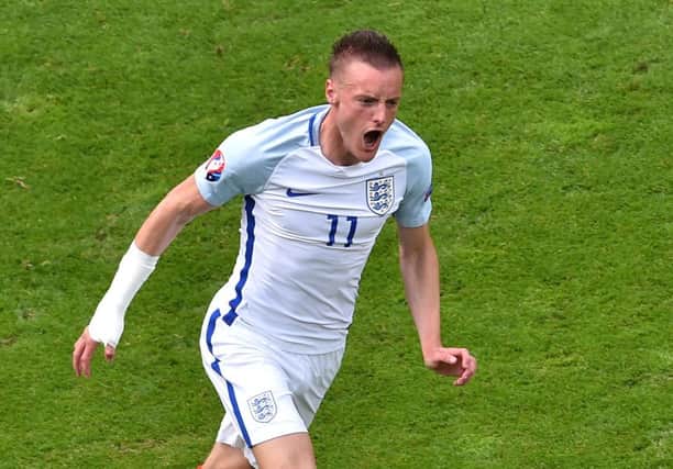 England's substitute Jamie Vardy celebrates after scoring the equaliser. Picture: AFP