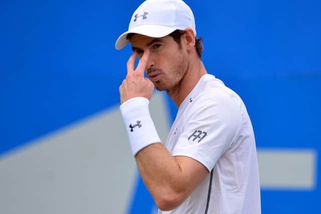 Andy Murray gestures during his win over British No 2 Aljaz Bedene at the Aegon Championships at Queen's. Picture: Glyn Kirk/AFP/Getty Images
