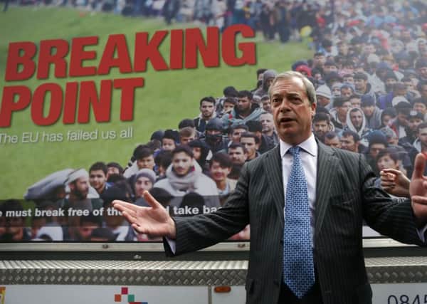 Nigel Farage addresses the media during the launch of a national poster campaign.  Picture: AFP/Getty Images