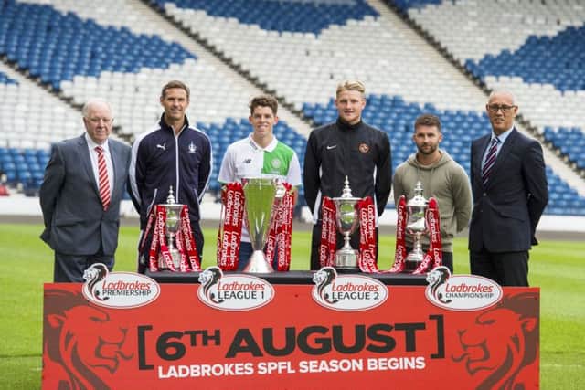 (L/R) Former Aberdeen and Scotland manager Craig Brown, Falkirk's David McCracken, Celtic's Ryan Christie, Dundee United's Coll Donaldson, Hibernian's James Keatings and Rangers legend Mark Hateley are on hand as SPFL and league title sponsor Ladbrokes unveil the fixtures for the 2016/17 season. Picture: Alan Harvey/SNS