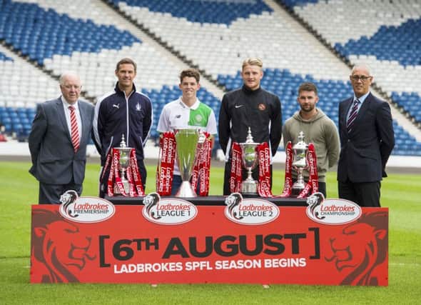 (L/R) Former Aberdeen and Scotland manager Craig Brown, Falkirk's David McCracken, Celtic's Ryan Christie, Dundee United's Coll Donaldson, Hibernian's James Keatings and Rangers legend Mark Hateley are on hand as SPFL and league title sponsor Ladbrokes unveil the fixtures for the 2016/17 season. Picture: Alan Harvey/SNS