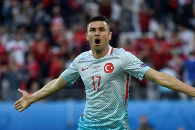 Burak Yilmaz celebrates after scoring Turkey's opener against Czech Republic in Lens. Picture: Philippe Lopez /AFP/Getty Images