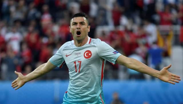 Burak Yilmaz celebrates after scoring Turkey's opener against Czech Republic in Lens. Picture: Philippe Lopez /AFP/Getty Images