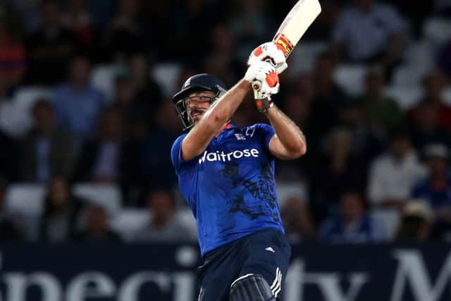 England's Liam Plunkett hits a six off the final ball to tie the first One Day International at Trent Bridge. Picture: Simon Cooper/PA Wire