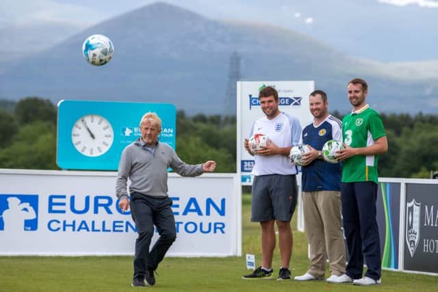 Gordon Strachan takes part in a Euro 2016 game of footgolf ahead of a pro-am at the SSE Scottish Hydro Challenge. The Euro team, left to right, Duncan Stewart, Jack Senior and Ruriadh McGhee. Picture: Kenny Smith