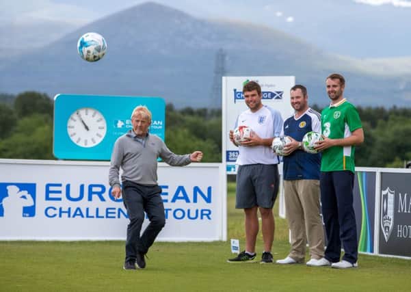 Gordon Strachan takes part in a Euro 2016 game of footgolf ahead of a pro-am at the SSE Scottish Hydro Challenge. The Euro team, left to right, Duncan Stewart, Jack Senior and Ruriadh McGhee. Picture: Kenny Smith