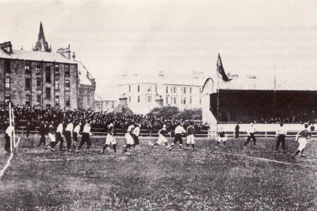 Action from a Celtic v Rangers game in the 19th century, thought to be the 1895 Glasgow Charity Cup final at Cathkin Park. Celtic won 4-0.