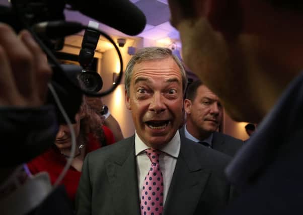 Nigel Farage speaks to journalists at the Leave.EU referendum party at Millbank Tower in central London. Picture: Getty