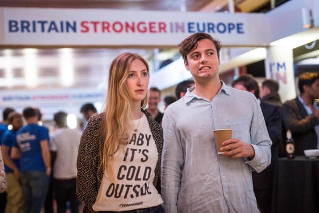 Supporters of the 'Stronger In' Campaign react as results of the EU referendum are announced. Picture: Getty