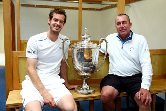 Andy Murray and Ivan Lendl with the Aegon Trophy following the Scots victory at Queens Club. 
Photograph: Jordan Mansfield/Getty