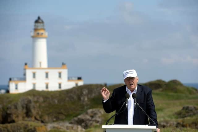 Donald Trump addresses reporters at Turnberry. Picture: Hemedia