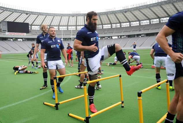 Scotland's Josh Strauss, centre, warms up in training ahead of today's second Test against Japan in Tokyo. Picture: David Gibson/Fotosport