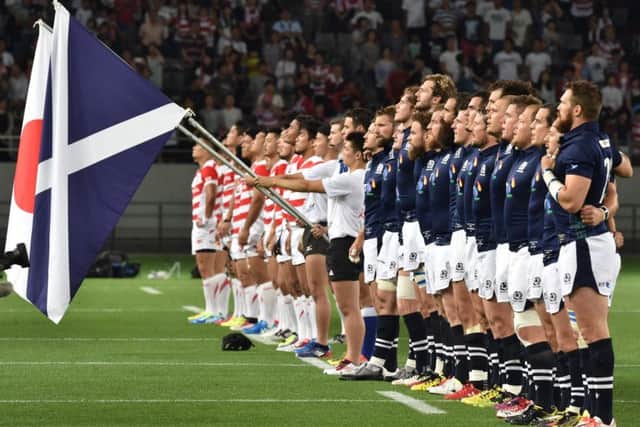 Scotland and Japan line up prior to the second Test in Tokyo. Picture: Kazuhiro Nogi/AFP/Getty Images