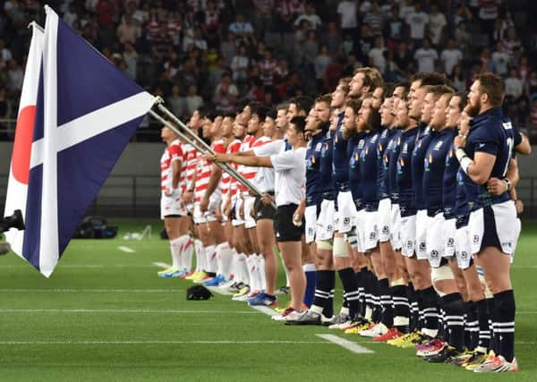Scotland and Japan line up prior to the second Test in Tokyo. Picture: Kazuhiro Nogi/AFP/Getty Images