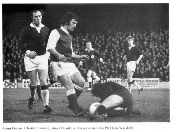Kenny Garland thwarts Jimmy ORourke in Hibs famous 7-0 victory on 1 January 1973, the same day as Britain became a member of the European Economic Community.
