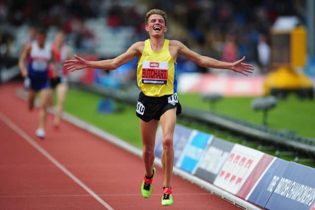 Andrew Butchart celebrates after his win in the mens 5000m final at the British Championships, at the Alexander Stadium, Birmingham. Picture: Harry Trumo/Getty