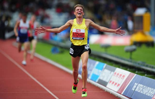 Andrew Butchart celebrates after his win in the mens 5000m final at the British Championships, at the Alexander Stadium, Birmingham. Picture: Harry Trumo/Getty