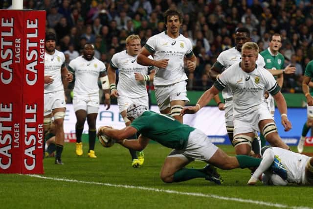 Luke Marshall scores Irelands try but it was not enough to defeat the Springboks.  Picture: Michael Sheehan/AFP/Getty Image