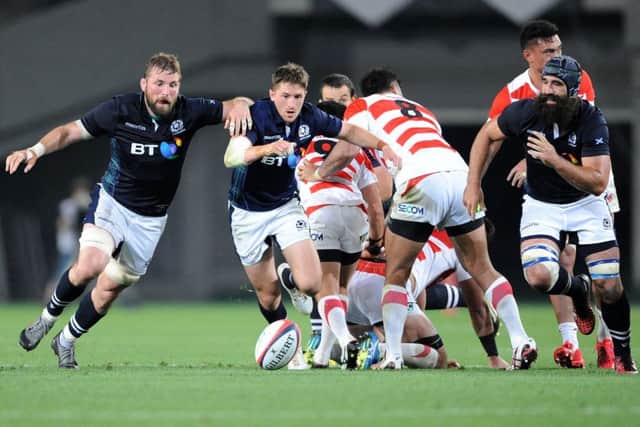 John Barclay, captain Henry Pyrgos and Josh Strauss chase after a loose ball. Picture: David Gibson/Fotosport