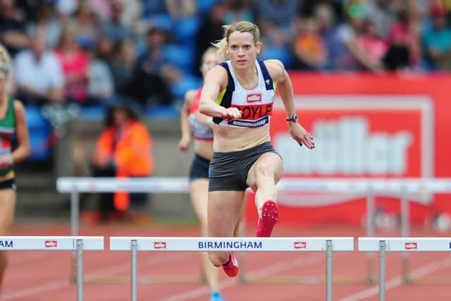 Eilidh Doyle leads the way en route to her victory in the womens 400m hurdles in Birmingham. Picture: Getty